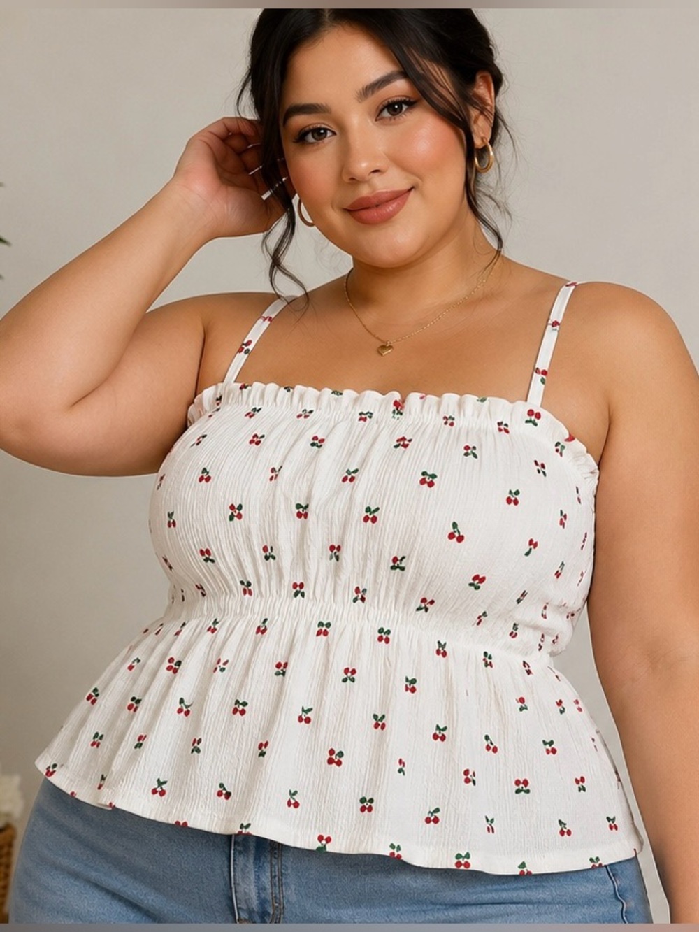 Cherry Print Smocked Peplum Cami Top Plus Size 2XL Boutique